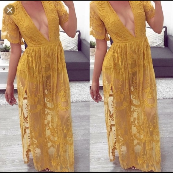 Honey Punch Dresses & Skirts - Honey Punch Mustard Lace Maxi Romper